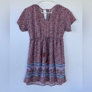 BeBop Boho Floral V-Neck Dress Womens Sz M Drawstring Waist Tassel Rayon GREAT